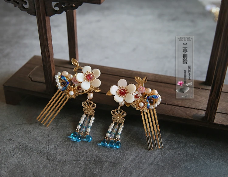 Fang Xin Handmade Blue Cloisonne Bee Flower Hair Comb Hanfu Costume Hair Accessories Tassel Hair Combs 5 pcs gift for a friend double side haircut comb salons pocket combs tooth brush straight