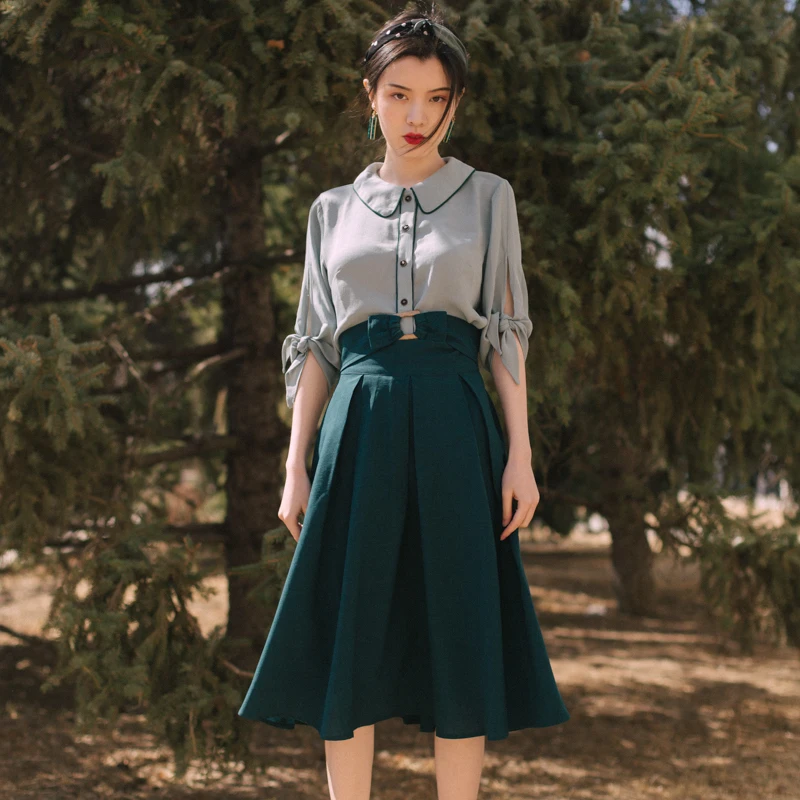 Spring/Summer Women's Dress Vintage Art Hepburn British College Style Turn-down Collar Fashion Dress Set