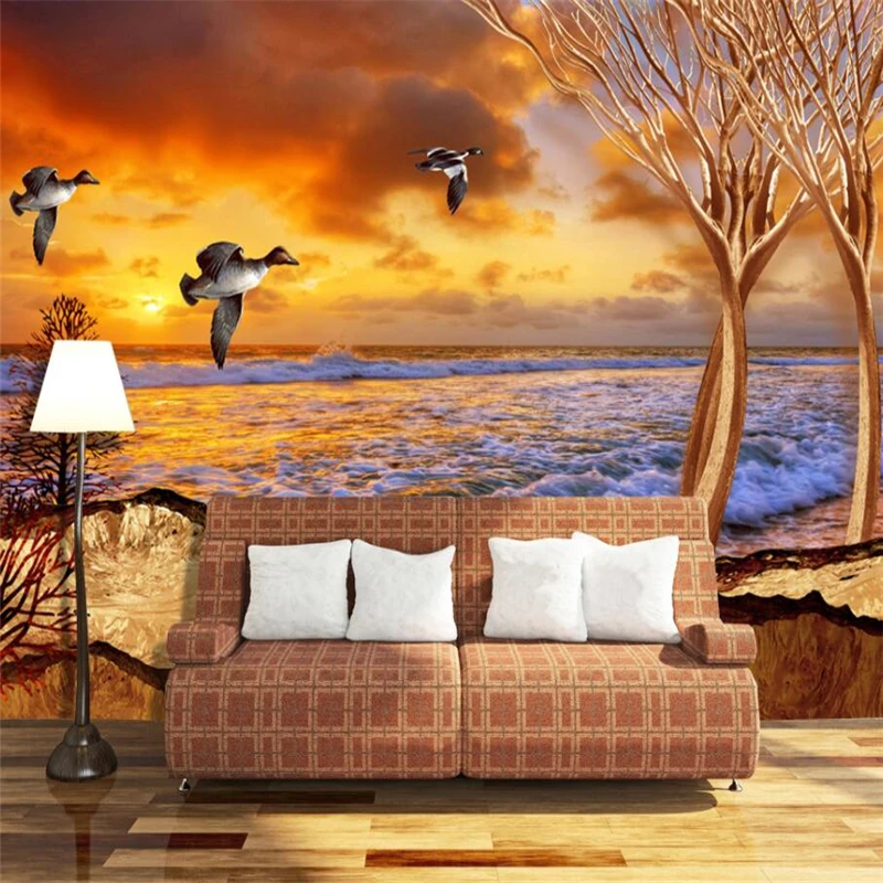 wellyu Modern sunset sea gulls dry tree TV background wall custom large mural green silk cloth wallpaper papel de parede