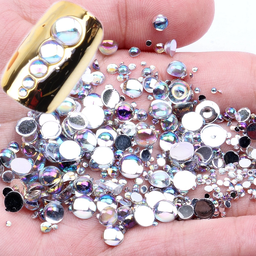 7G 500PCS 6 Sizes Acrylic Rhinestones Half Round Crystal AB Flat Back Nail Rhinestone 3D Nail Art Decoration DIY Tool