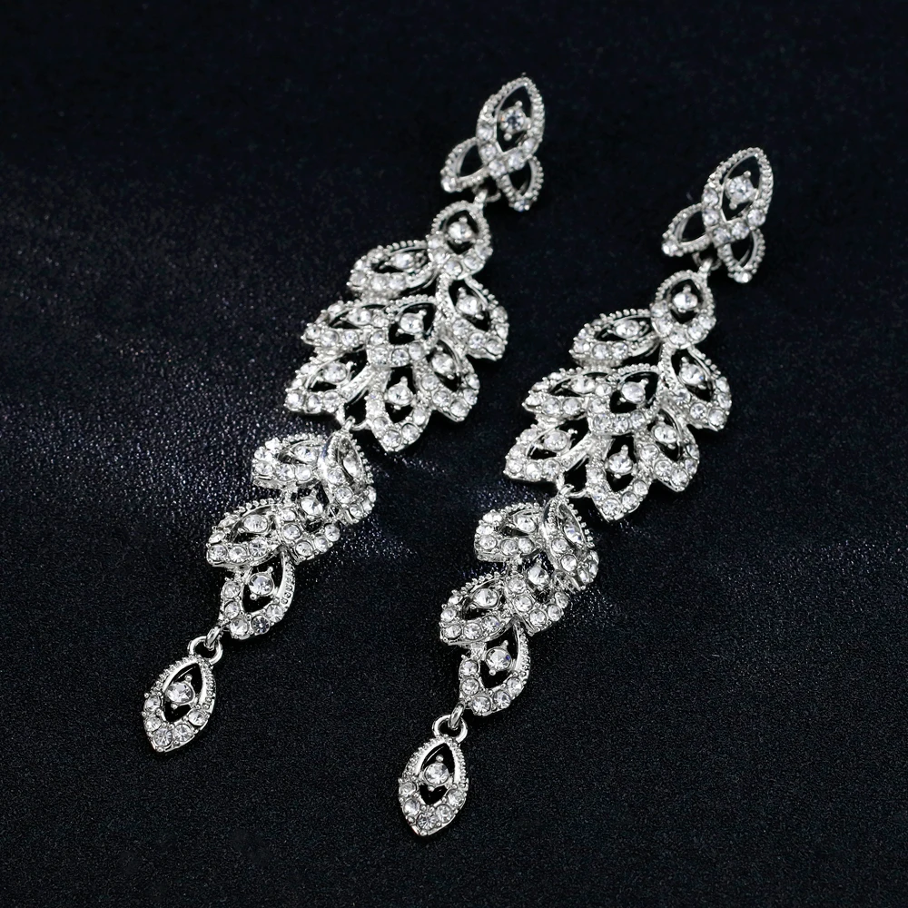 TREAZY Gold/Silver Color Crystal Long Earrings Elegant Hanging Leaves Bridal Drop Dangle Earrings for Women Prom Wedding Jewelry