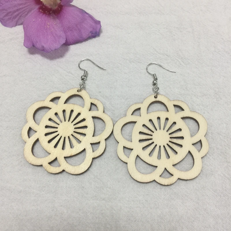 

carved flower wood earrings hooks dangle earrings