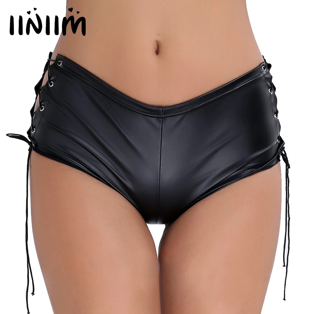 

iiniim Womens Patent Leather Sexy Panties Lace Up Bandage Performance Hot Shorts Rave Party Clubwear for Pole Dancing