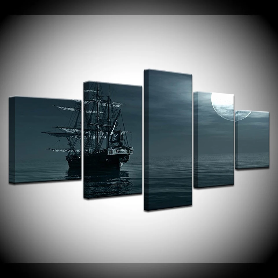 

The boat on sea in evening 5 piece Wallpapers modern Modular Poster art Canvas painting for Living Room Home Decor