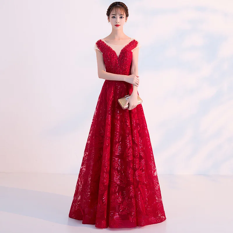 

2019 Spring Summer New Fashion Women Red Evening Dress Sleeveless A-line Illusion Back Lace Up Prom Party Dresses