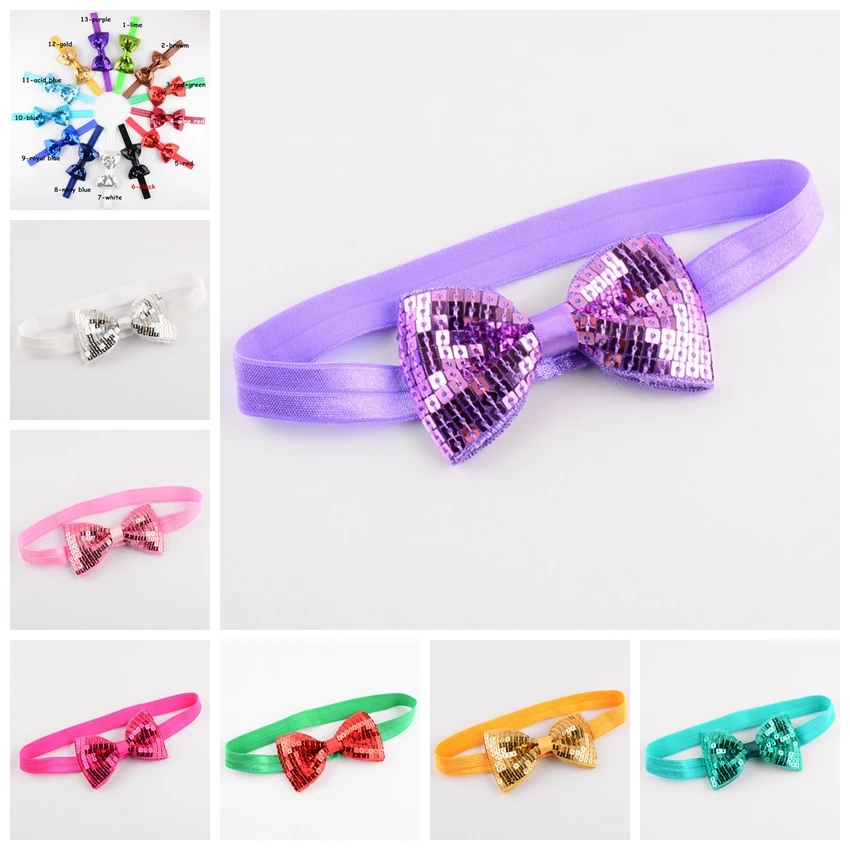 100 pcs/lot , 20 Colors High Quality Elastic Headband With Embroideried Sequin Bows Headbands