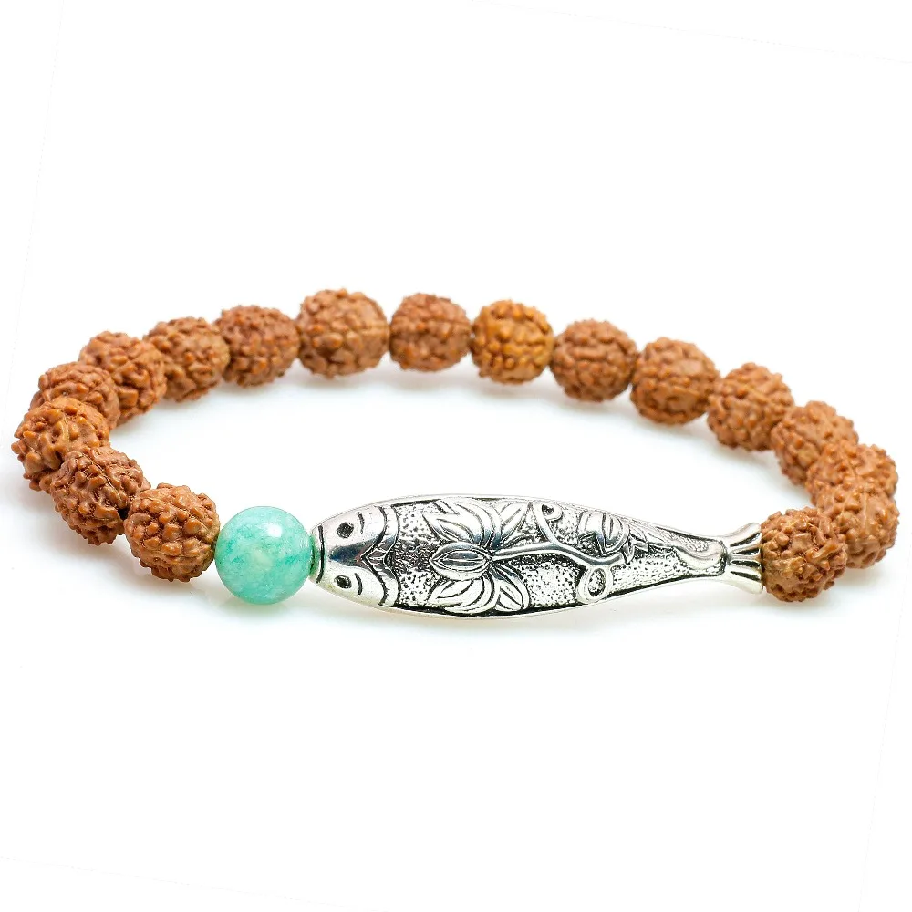 Rudraksha Seed Beads With Amazonite Stone Fish Charm Bracelet For Women White Chalcedony Yoga OM Jewelry