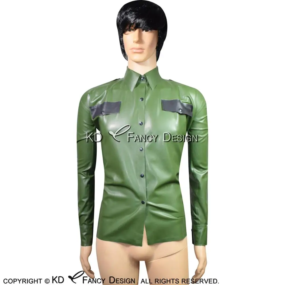 

Military Olive Green And Black Sexy Latex Uniform With Buttons At Front Open Cuffs Rubber Shirt YF-0056