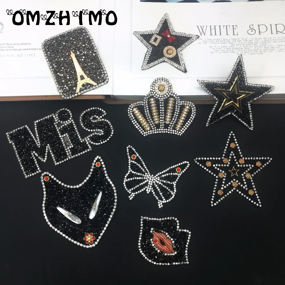 Crown Lips Star Letters Fox Butterfly Embroidery Sew Patches for Clothing By Diamond Rhinestones Black Iron on Stick Applique