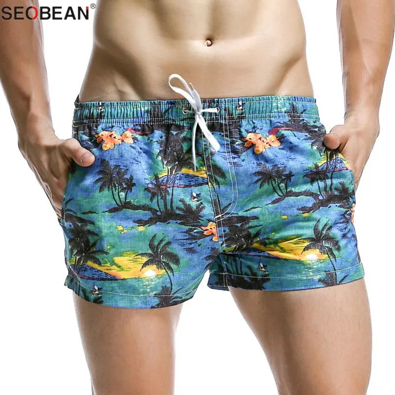 SEOBEAN Summer Style Seaside Men Beach Shorts Men Quick Dry Polyester Fabrics Beachwear Men's Board Shorts Trunks Print Shorts