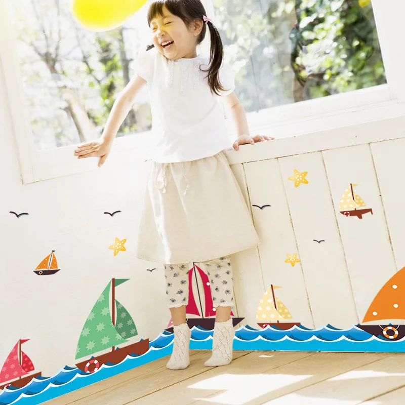 Sailboat On The Sea Wall Stickers For Kids Children\'s Room Living Room Bedroom Home Baseboard Decoration Mural Decals Wallpaper