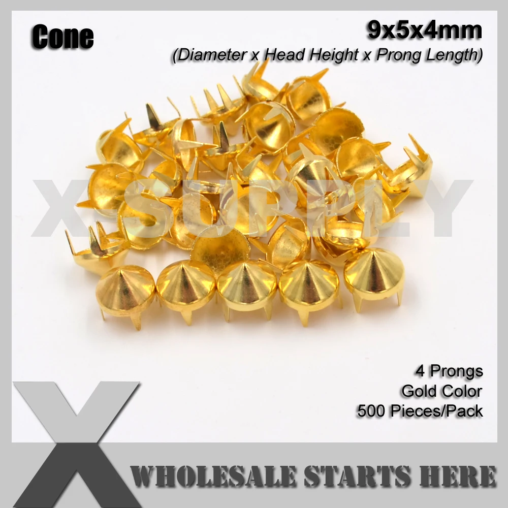 Punk DIY Brass Round Cone Stud 9mm Gold with 4 Prongs for Leather Craft/Bag/Shoe/Clothing