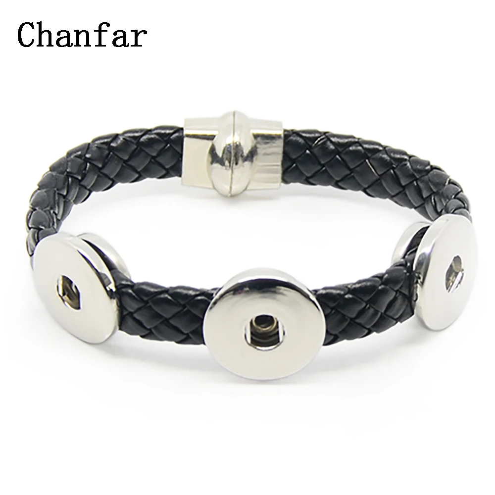 Chanfar Black And White Snap Button Leather Bracelet Jewelry With 3 Female Snap Button