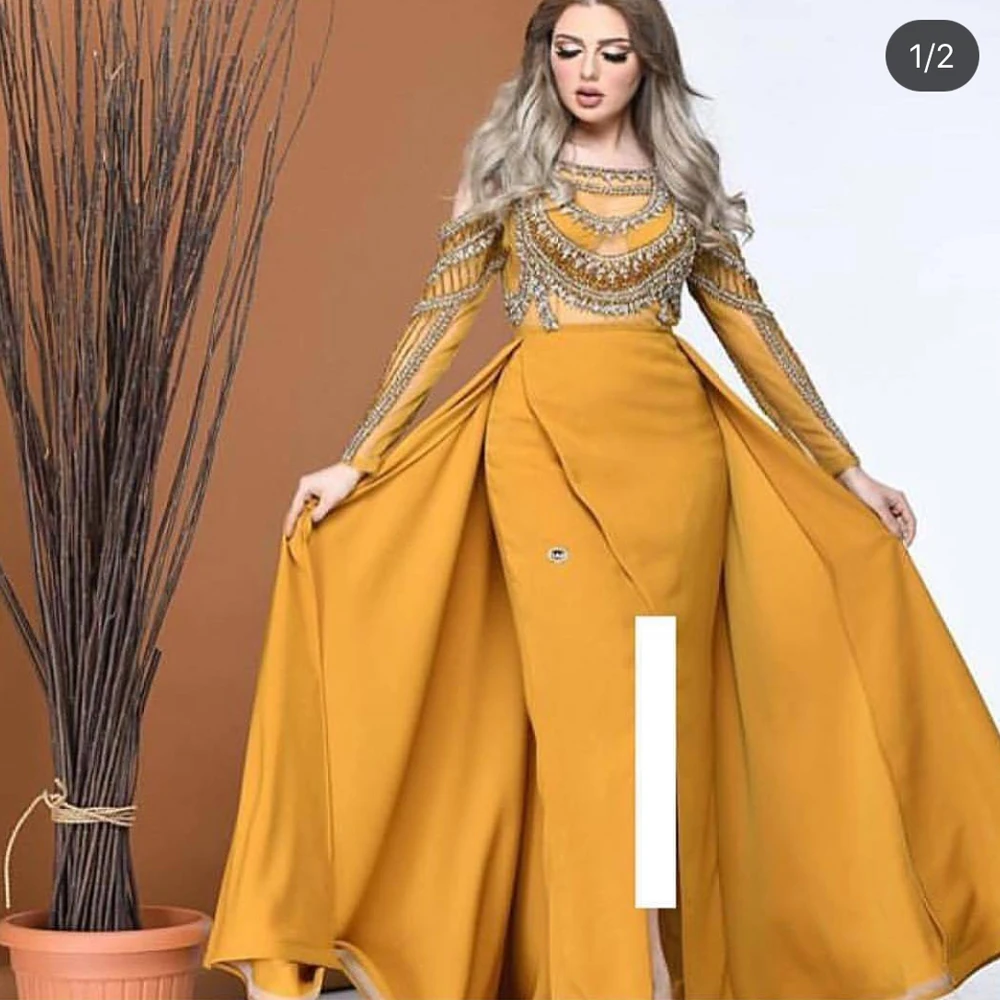 Vestido amarelo de fenda para baile, 2020, manga longa, miçangas, cetim, sereia, frente, cetim, vestidos de noite