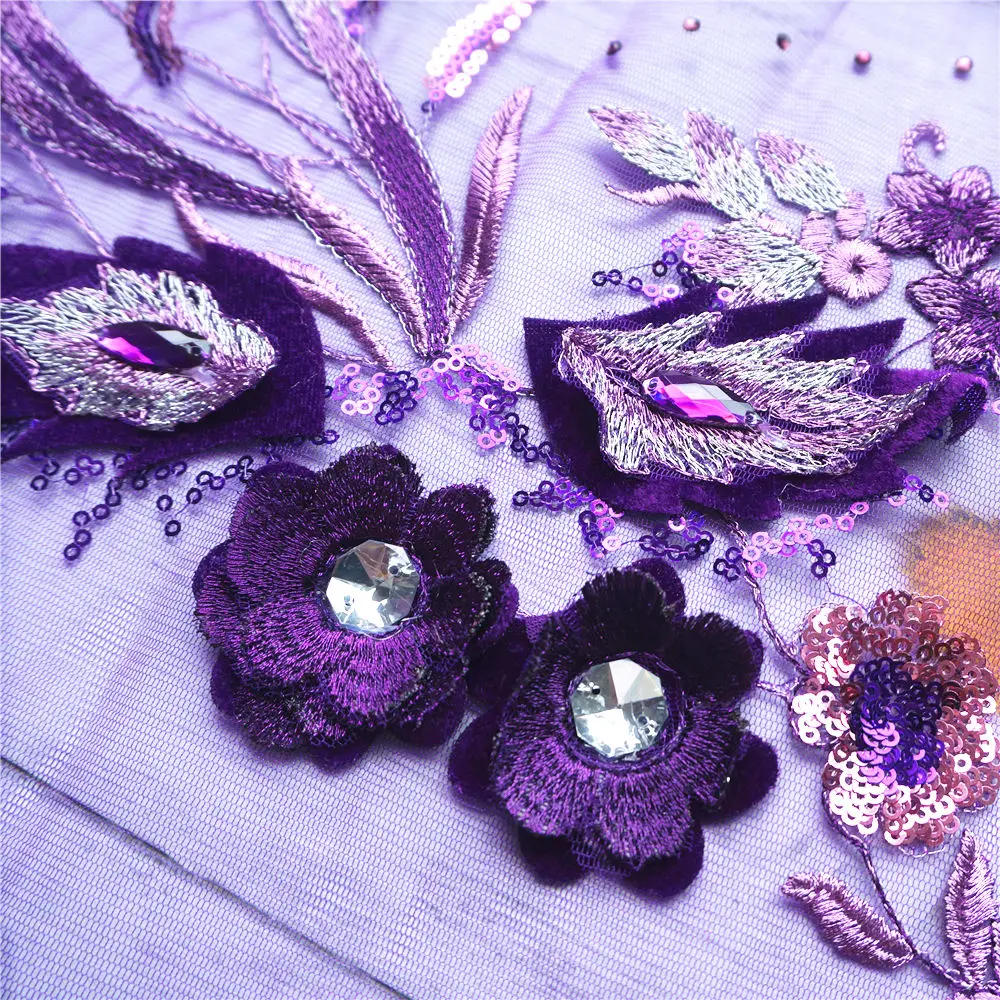 40 CENTIMETRI Viola Paillettes 3D Fiori Nappa Lace Trim Maglia di Strass Cucire Su Toppe e Stemmi Ricamo Per La Cerimonia Nuziale Decorazione