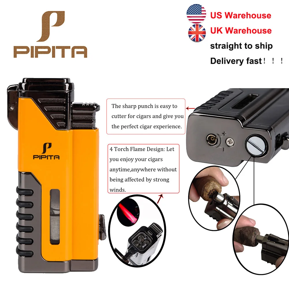 PIPITA Cigar Lighter Windproof Refillable Butane Torch Lighter 4 Jet Flame Lighters with Punch gas Cigarettes Lighter