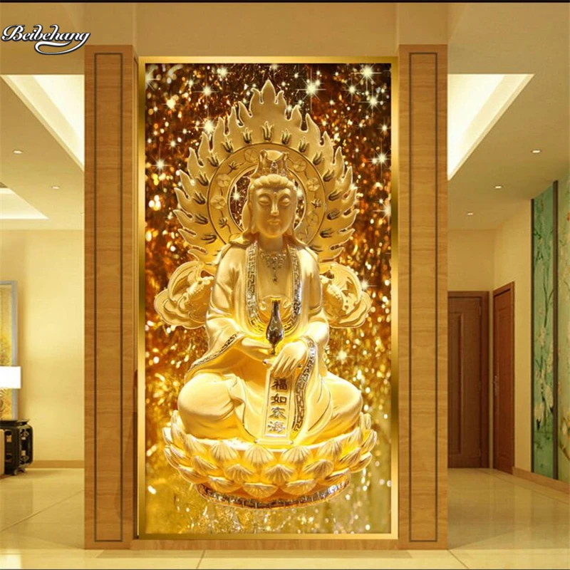 beibehang Golden Guanyin sitting lotus relief hall aisle background zenith custom large fresco non woven wallpaper wall paper