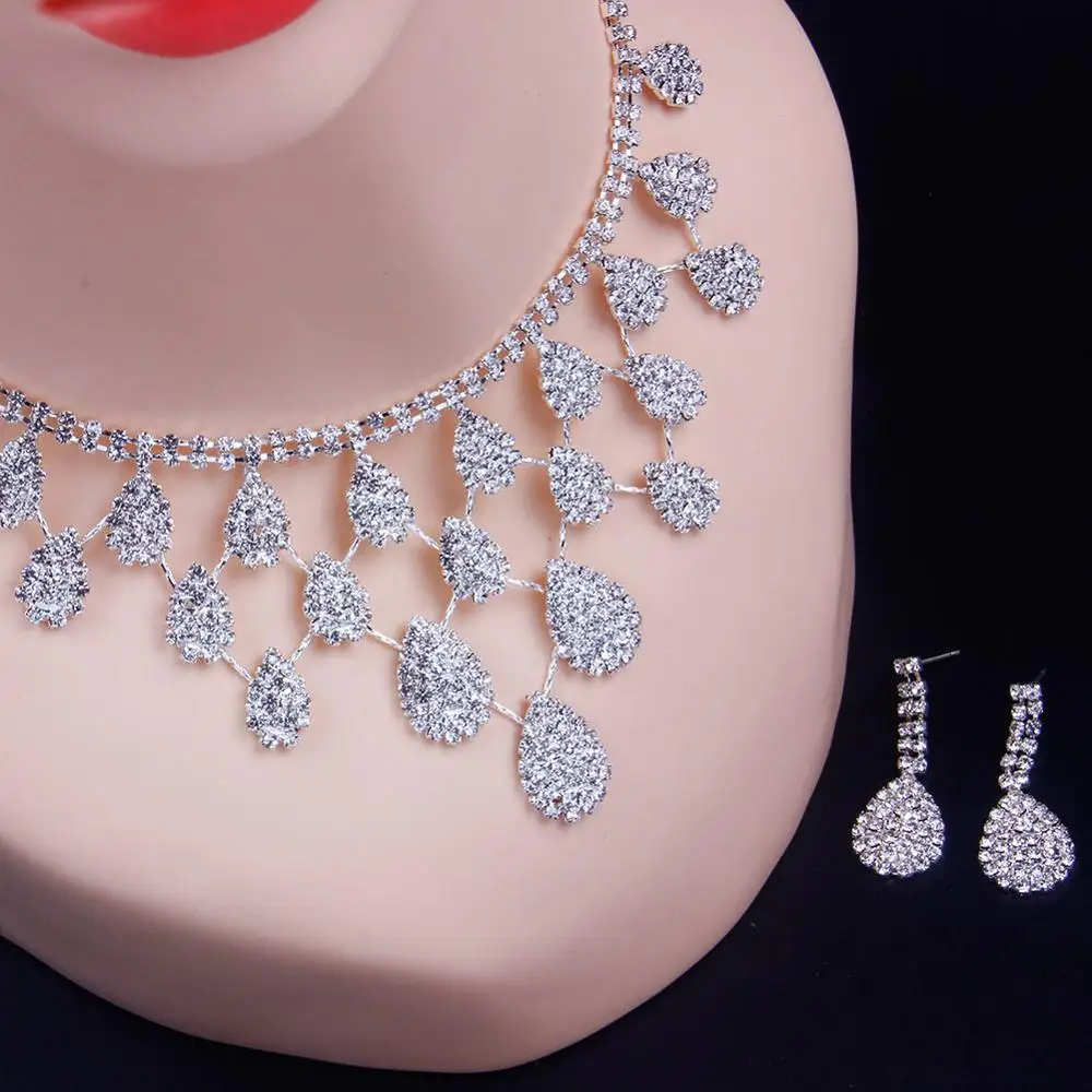 StoneFans Vintage Bridal Wedding Party Jewelry Set Rhinestone Waterdrop Pendant Necklace Earrings Set for Women Africa Jewelry