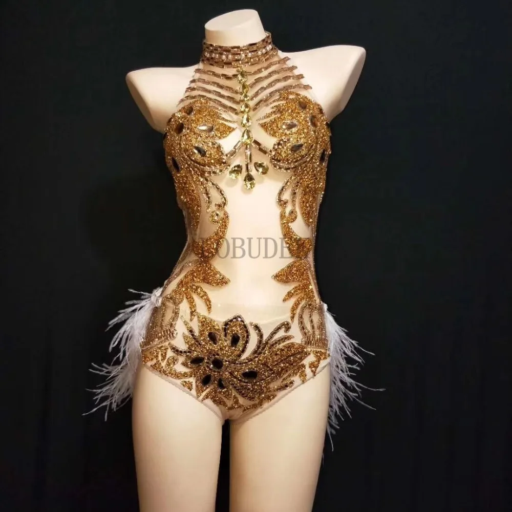 Boate bar sexy gogo dança traje ouro strass pena bodysuit luvas clube festa festival dança equipe rave outfits