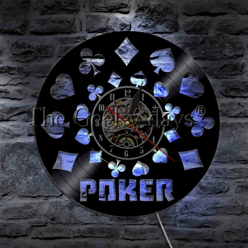 

Rummy Card Poker Vinyl Record Wall Clock With LED illumination Gameroom Wall Watch Decorative Lighting LED Hanging Lamp