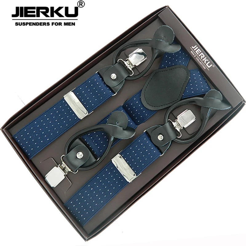 JIERKU Lederen Bretels Man Braces 3 Clips Suspensorio Knoppen Bretels Broek Strap Vader/Echtgenoot Gift