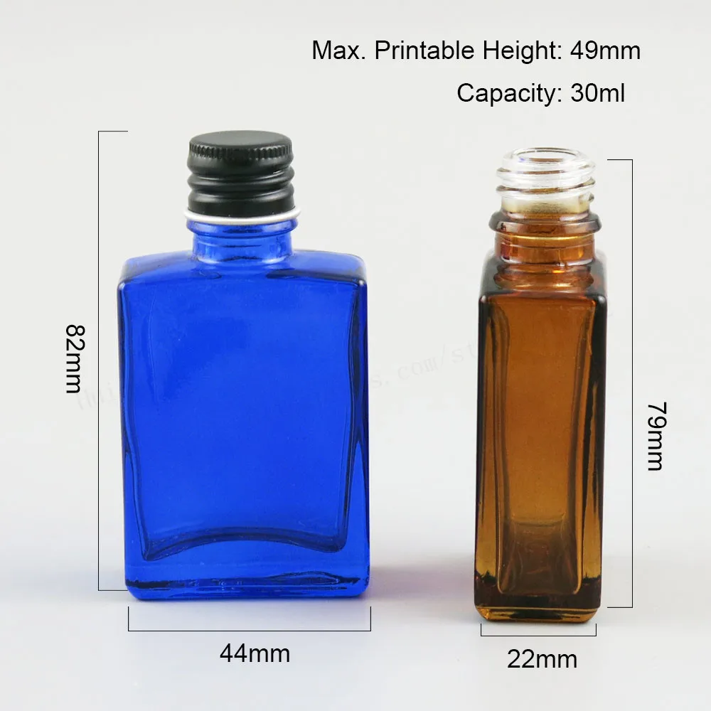 200  x 30ml 1oz Square Flat Black white clear red blue green Glass Bottle With Silver Black Aluminium lids and Seal