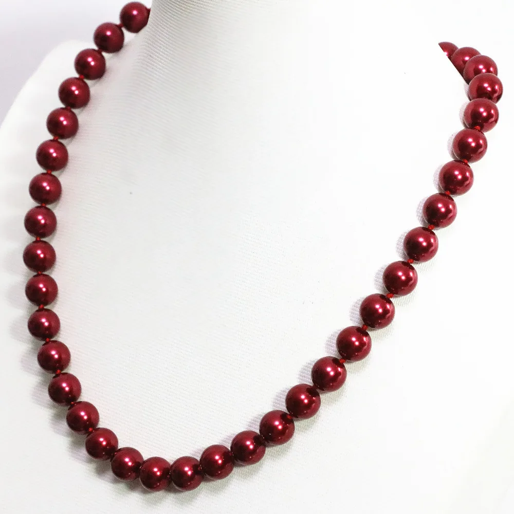 Charms dark red shell simulated-pearl beauty round beads 8,10,12,14mm chain necklace women jewelry B1481