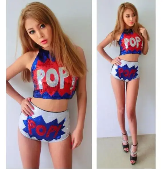 sexy women hip-hop club dance sing costume sequined POP 2 piece set, crop tops vest tank with hot shorts suits