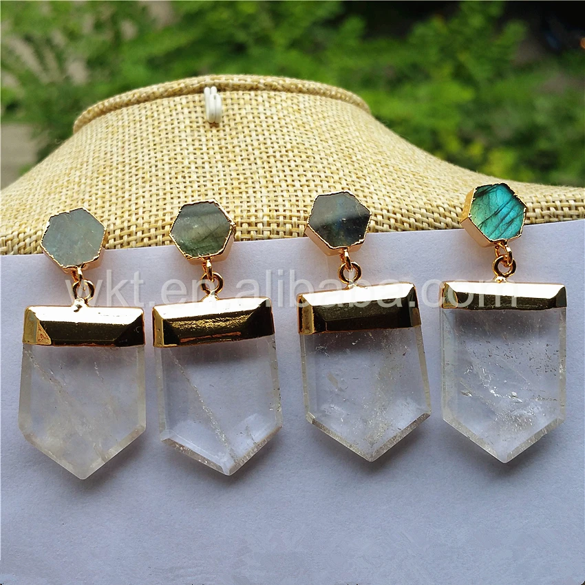 WT-E267Unique design  Hexagon labradorite and quartz point dangling earring,raw quartz point stone earring jewelry supplies