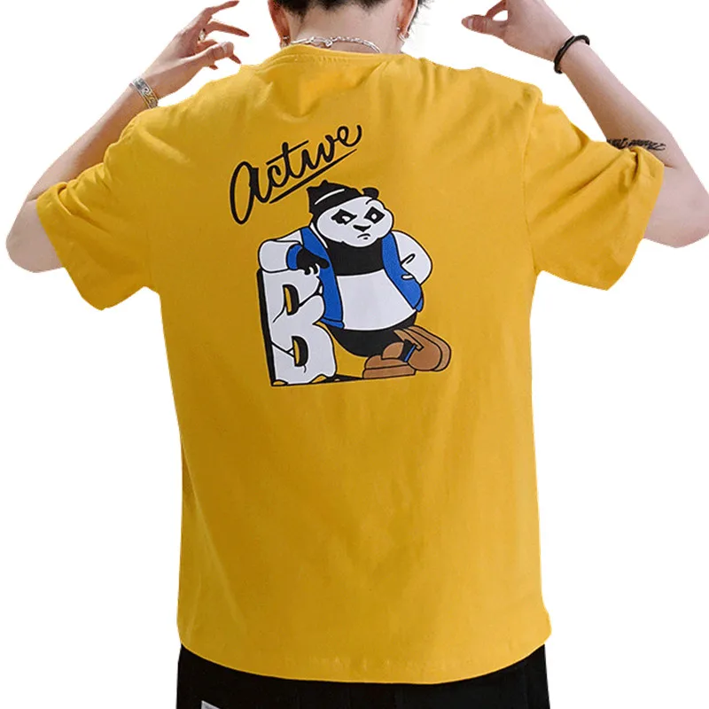 EL BARCO Panda Print Cotton Casual T Shirt Men Summer Short-Sleeve Hip Hop Male Streetwear Tees Black White Yellow Tshirt Tops