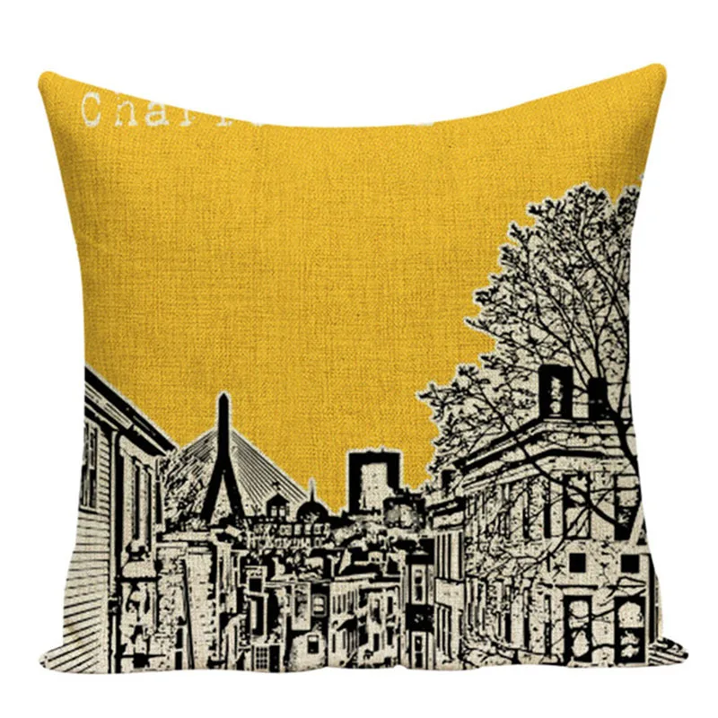 Nordic Scenic Cushion Cover Yellow Decorative Linen Square Throw Pillows Shabby The View of The City Home Decor Pillow Cover