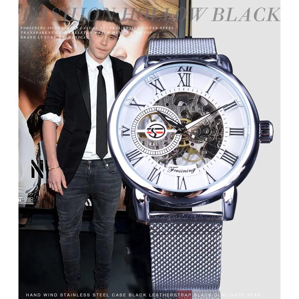 Forsining Mechanical Wristwatch for Men Silver Stainless Steel Band Fashion Retro Skeleton Clock Hook Buckle Men's Watches