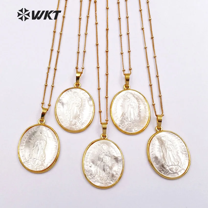 WT-JN022 hot sale Wholesale religion style natural shell necklace Virgin Mary pendant with gold color plated oval shape pendant