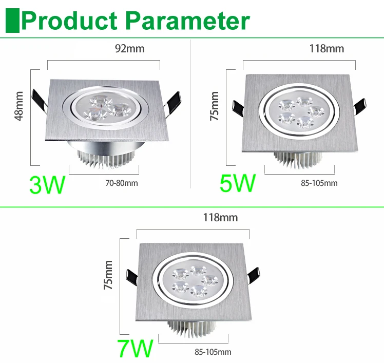 Luz descendente Led empotrada, iluminación de punto cuadrado de 3W, 5W, 7W, CA de 110V, 240V, lámpara descendente, decoración de habitación