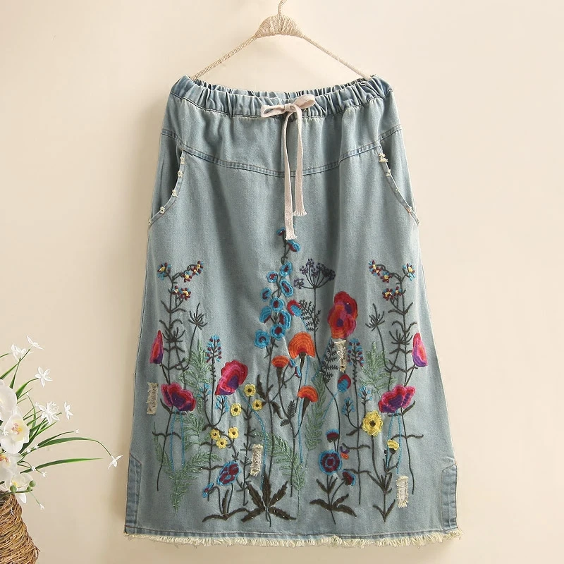 TIYIHAILEY Cotton Denim Long Mid-calf Skirts For Women Tassels Summer Spring Elastic Waist A-line Embroidery Holes 2024 New