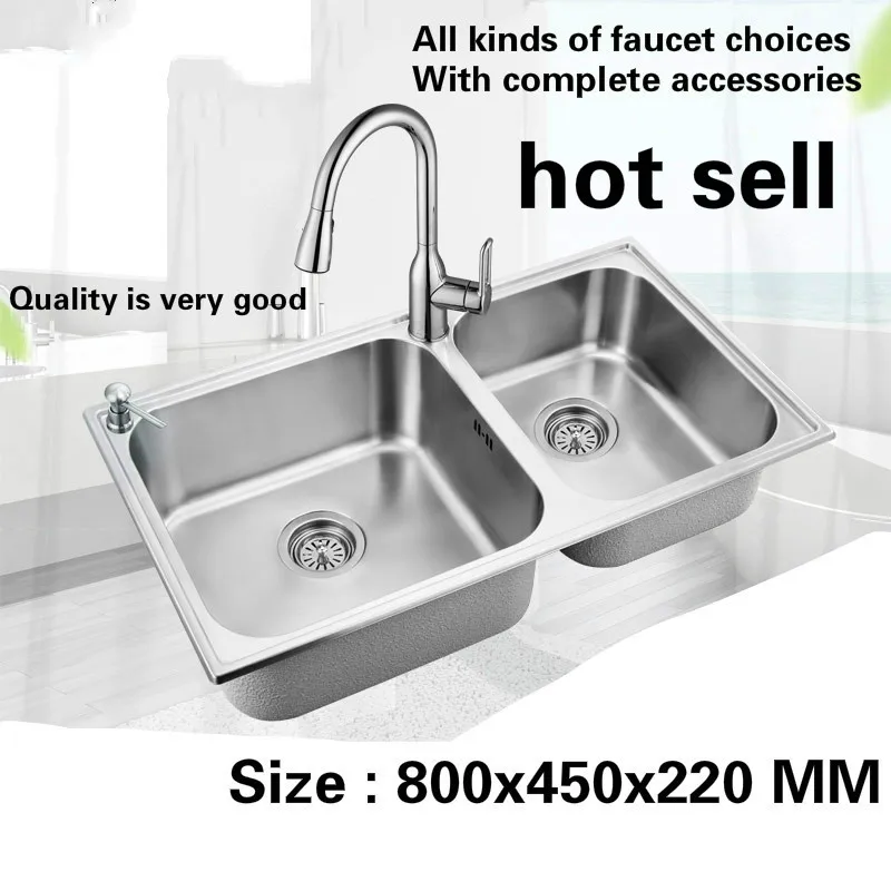 

Free shipping Big hot sell standard kitchen sink 1 mm double groove food grade 304 stainless steel 800x450 MM