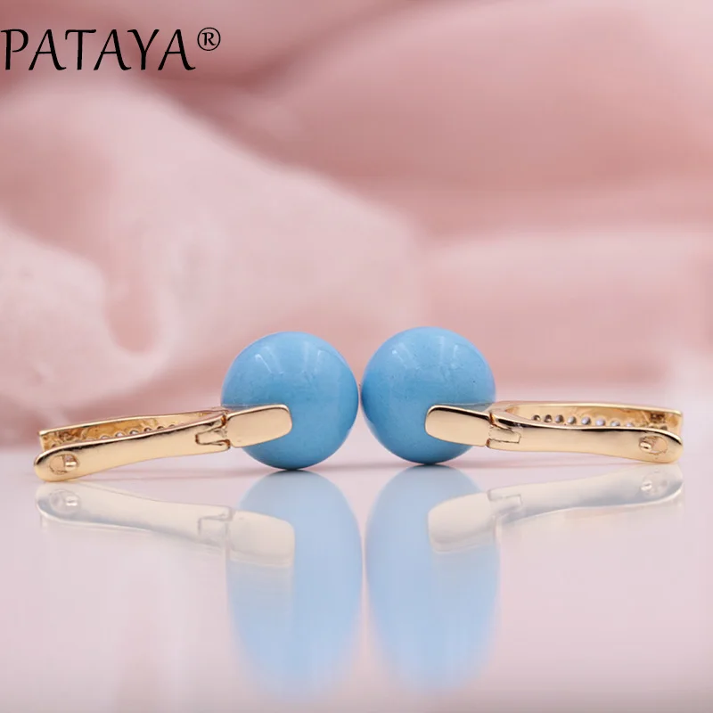 PATAYA New Turkish Blue Shell Pearls White Natural Zircon Drop Earrings 585 Rose Gold Color Women Wedding Party Luxury Jewelry