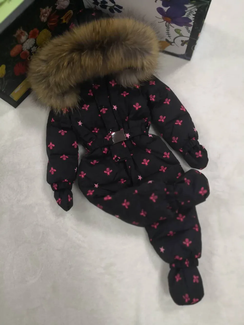 Real fur hooded baby outergoing 2021 Winter Jacket child jackets children jumpsuit snow suit girl floral down boy Baby coveralls