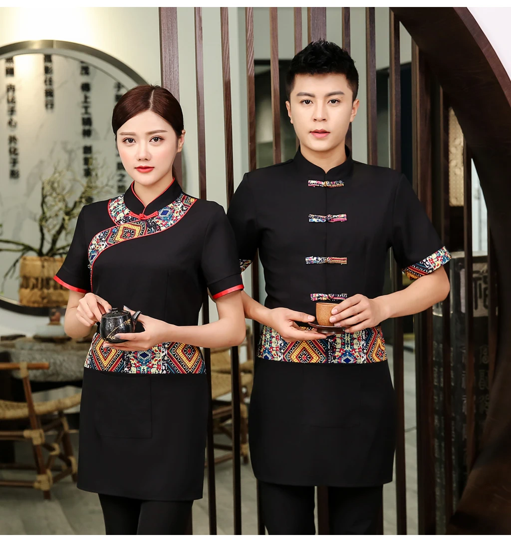 Women Chinese Restaurant Waiter Uniform Hotel Cafe Stall Overalls Short Sleeve Waitress Uniform Coffee Shop Food Service Outfit