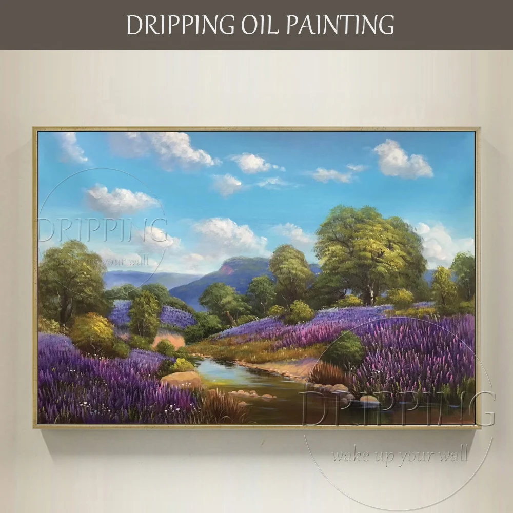 Hand-painted Beautiful Landscape Lavender Oil Painting on Canvas Lovely Purple Lavender Field Oil Painting for Wall Decoration