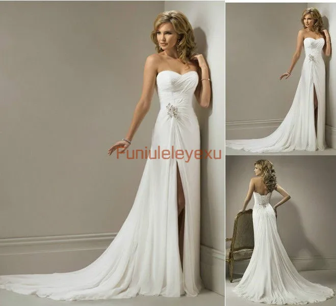 

Charmingbridal Sheath Strapless Slit Chapel Train Chiffon Designer Bridal Gown White Ivory Pleated Wedding Dresses Custom