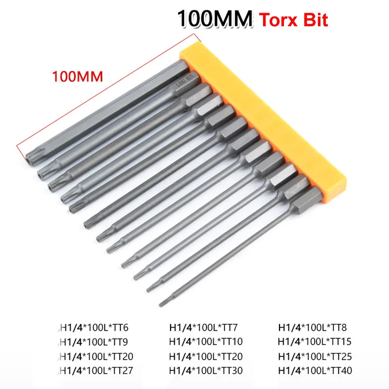 

12pcs Electric 100mm Long Hardened S2 1/4' Hex Shank Magnetic Torx Screwdriver Bit Set T6 T7 T8 T9 T10 T15 T20 T25 T27 T30 T40