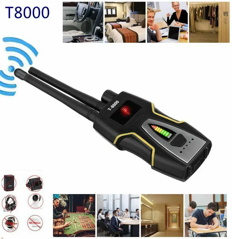 T-8000  Dual antenna RF Signal Detector GSM Audio Finder GPS Scan Detector Anti-spy Bug Anti Candid Camera Detector