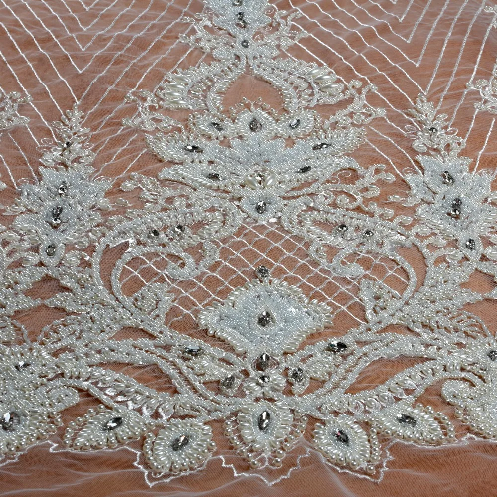 White lace fabric red/gold heavy handmade beads on netting embroidered wedding dress/evening dress lace fabric one yard