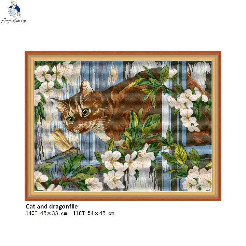 

Cat and Dragonflie Animal Embroider DIY Counted Printed On Canvas Cross Stitch DMC Cotton Thread DIY Hand Made Needlework Sets