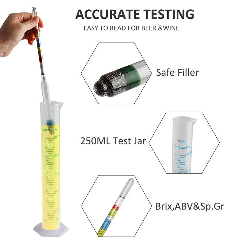 Hydrometer & Plastic Test Jar,Triple Scale Hydrometer,Specific Gravity ABV Tester  For Wine Beer Mead And Kombucha