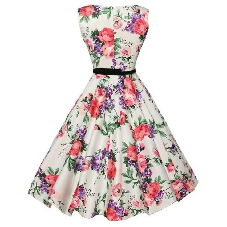 Robe rétro Audrey Hepburn pour femmes, col rond, vintage, imprimé floral, robes de soirée, grande taille 3XL, été, 2019