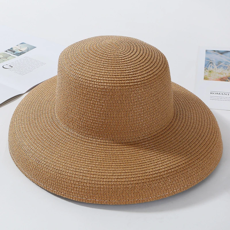 HT2303 2023 New Summer Sun Hats Ladies Solid Plain Elegant Wide Brim Hat Female Round Top Panama Floppy Straw Beach Hat Women