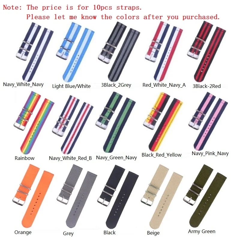 10pcs Wholesale 18 20 22 24mm Cambo Stripe fabric Nylon watchband Watch Strap Bands Buckle Stainless steel buckle