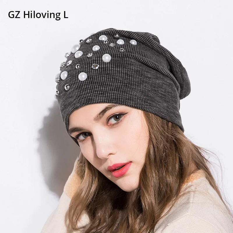 

GZHilovingL 2018 New Spring Summer Women Knitted Cap Diamond Pearl Beanies For Women Solid Slouchy Skullies Bone Caps Hat Gorras